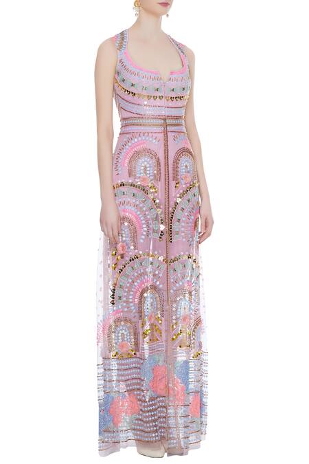 Papa Dont Preach_Pink Embroidered Jacket Pant Set_Online_at_Aza_Fashions