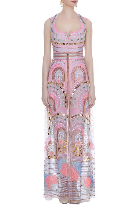 Shop_Papa Dont Preach_Pink Embroidered Jacket Pant Set_Online_at_Aza_Fashions