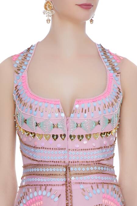 Papa Dont Preach_Pink Embroidered Jacket Pant Set_at_Aza_Fashions