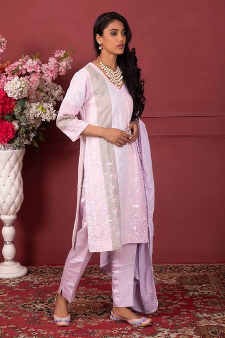 Ruh Clothing_Purple Chanderi, Organic Cotton Chikankari, Sequins V Colour Block Kurta Set _Online_at_Aza_Fashions