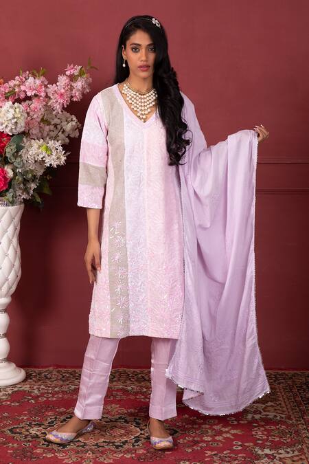 Buy_Ruh Clothing_Purple Chanderi, Organic Cotton Chikankari, Sequins V Colour Block Kurta Set _Online_at_Aza_Fashions