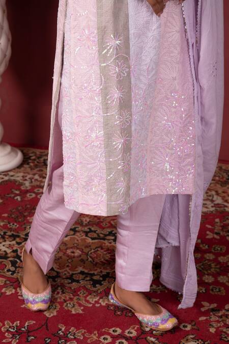 Shop_Ruh Clothing_Purple Chanderi, Organic Cotton Chikankari, Sequins V Colour Block Kurta Set _Online_at_Aza_Fashions