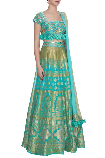 Neha Khullar Blue Organza, Chanderi , Banarasi Gota Work, Embroidered Lehenga Set Online at Aza Fashions Neha Khullar_Blue Organza, Chanderi , Banarasi Gota Work, Embroidered Lehenga Set _Online_at_Aza_Fashions