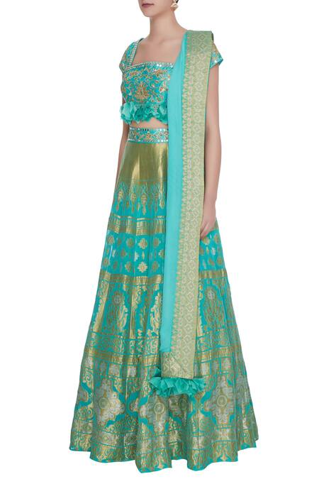 Buy Neha Khullar Blue Organza, Chanderi , Banarasi Gota Work, Embroidered Lehenga Set Online at Aza Fashions Buy_Neha Khullar_Blue Organza, Chanderi , Banarasi Gota Work, Embroidered Lehenga Set _Online_at_Aza_Fashions