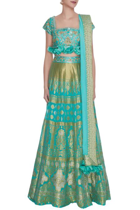 Shop Neha Khullar Blue Organza, Chanderi , Banarasi Gota Work, Embroidered Lehenga Set Online at Aza Fashions Shop_Neha Khullar_Blue Organza, Chanderi , Banarasi Gota Work, Embroidered Lehenga Set _Online_at_Aza_Fashions
