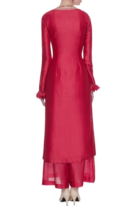 Shop_Neha Khullar_Red Chanderi Silk Embroidered Kurta Set  _at_Aza_Fashions