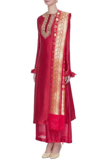 Buy_Neha Khullar_Red Chanderi Silk Embroidered Kurta Set  _Online_at_Aza_Fashions