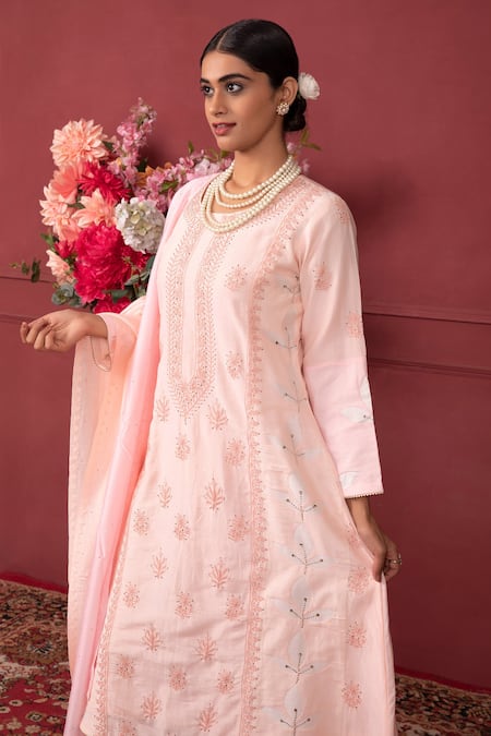 Ruh Clothing Peach Cotton, Net, Chanderi Chikankari, Sequins, Badla Work Round Kurta Set Online at Aza Fashions Ruh Clothing_Peach Cotton, Net, Chanderi Chikankari, Sequins, Badla Work Round Kurta Set _Online_at_Aza_Fashions