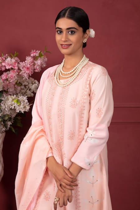 Buy Ruh Clothing Peach Cotton, Net, Chanderi Chikankari, Sequins, Badla Work Round Kurta Set Online at Aza Fashions Buy_Ruh Clothing_Peach Cotton, Net, Chanderi Chikankari, Sequins, Badla Work Round Kurta Set _Online_at_Aza_Fashions