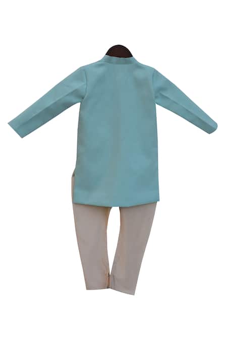 Shop Fayon Kids Blue Linen, Cotton, Silk Patchwork Aqua Work Ajkan And Churidar at Aza Fashions Shop_Fayon Kids_Blue Linen, Cotton, Silk Patchwork Aqua Work Ajkan And Churidar _at_Aza_Fashions