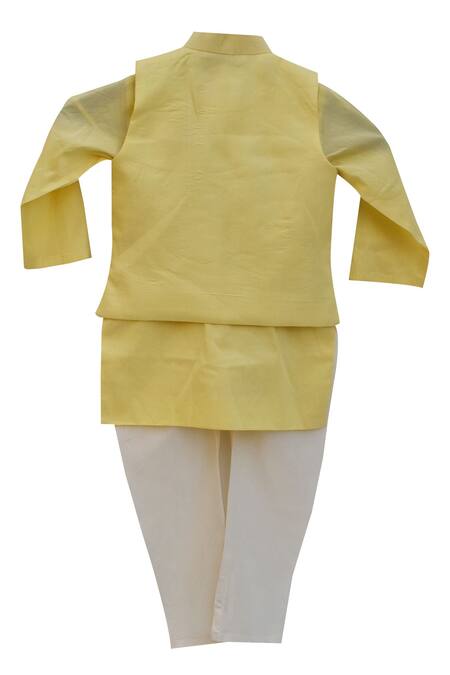 Shop Fayon Kids Yellow Cotton, Silk Embroidery Jacket With Kurta And Churidar at Aza Fashions Shop_Fayon Kids_Yellow Cotton, Silk Embroidery Jacket With Kurta And Churidar _at_Aza_Fashions