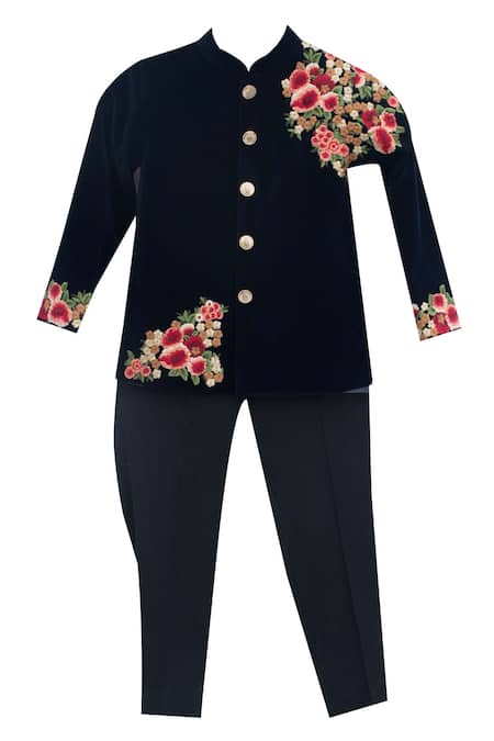 Fayon Kids Blue Velvet, Suede Embroidery Dark And Suiting Fabric Ajkan With Black Pants 