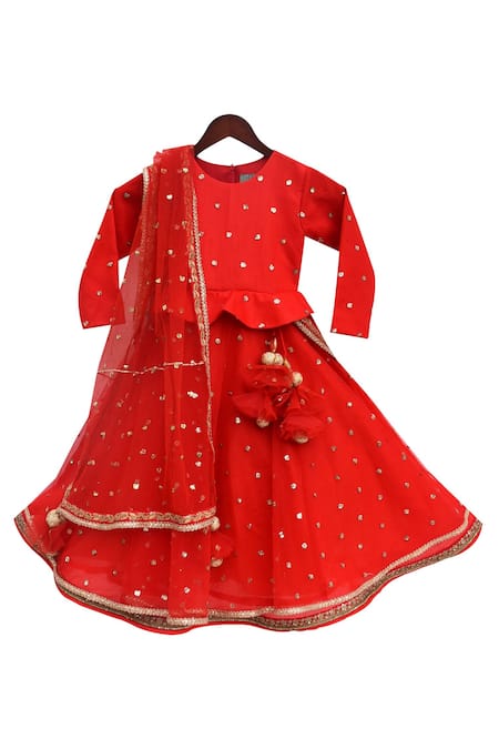 Fayon Kids Red Silk, Net Sequins Embroidered Peplum Lehenga Set 
