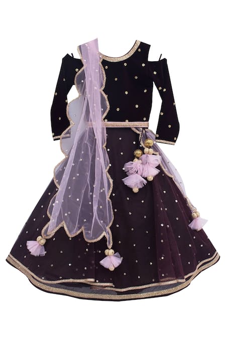Fayon Kids Maroon Velvet, Net Sequins, Embroidery And Choli With Frilled Lehenga & Dupatta 
