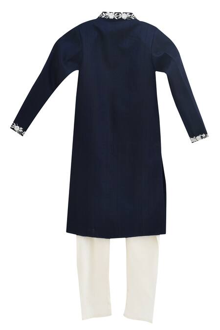 Shop Fayon Kids Blue Cotton, Silk Embroidery Dark Dupion And Ajkan With Churidar at Aza Fashions Shop_Fayon Kids_Blue Cotton, Silk Embroidery Dark Dupion And Ajkan With Churidar _at_Aza_Fashions