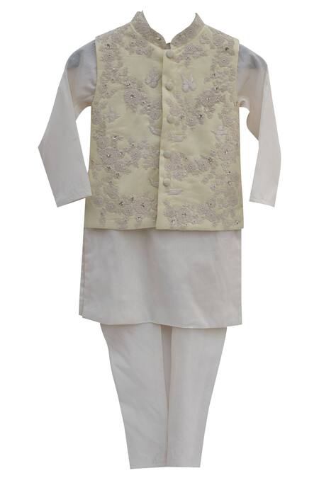 Shop Fayon Kids Yellow Cotton, Silk Embroidery Lemon Jacket With Off White Kurta And Churidar at Aza Fashions Shop_Fayon Kids_Yellow Cotton, Silk Embroidery Lemon Jacket With Off White Kurta And Churidar _at_Aza_Fashions