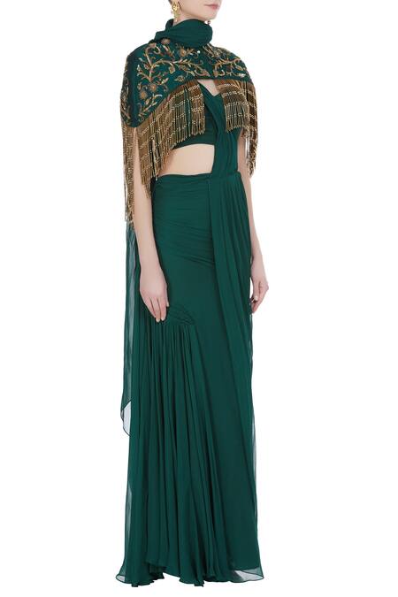 Nitika Kanodia Gupta_Green Georgette, Crepe Silk Bugle Bead Work Pre-draped Saree With Tassel Cape_Online_at_Aza_Fashions