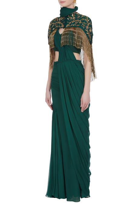 Buy_Nitika Kanodia Gupta_Green Georgette, Crepe Silk Bugle Bead Work Pre-draped Saree With Tassel Cape_Online_at_Aza_Fashions