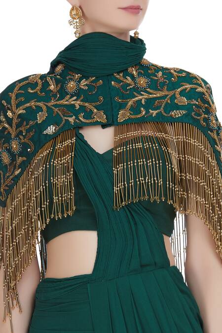 Nitika Kanodia Gupta_Green Georgette, Crepe Silk Bugle Bead Work Pre-draped Saree With Tassel Cape_at_Aza_Fashions