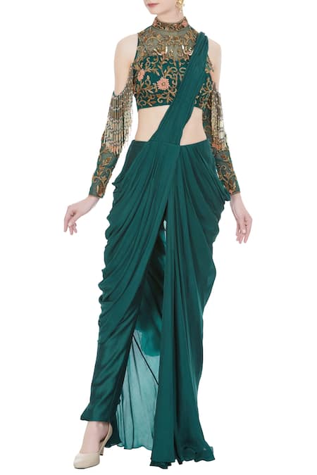 Nitika Kanodia Gupta Green Crepe Silk Band Collar Pre-draped Saree With Embellished Blouse  