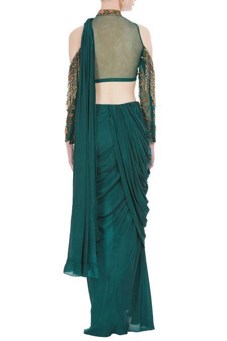 Shop_Nitika Kanodia Gupta_Green Net, Crepe Silk Band Collar Pre-draped Saree With Embellished Blouse_at_Aza_Fashions