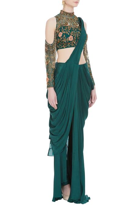 Nitika Kanodia Gupta_Green Net, Crepe Silk Band Collar Pre-draped Saree With Embellished Blouse_Online_at_Aza_Fashions