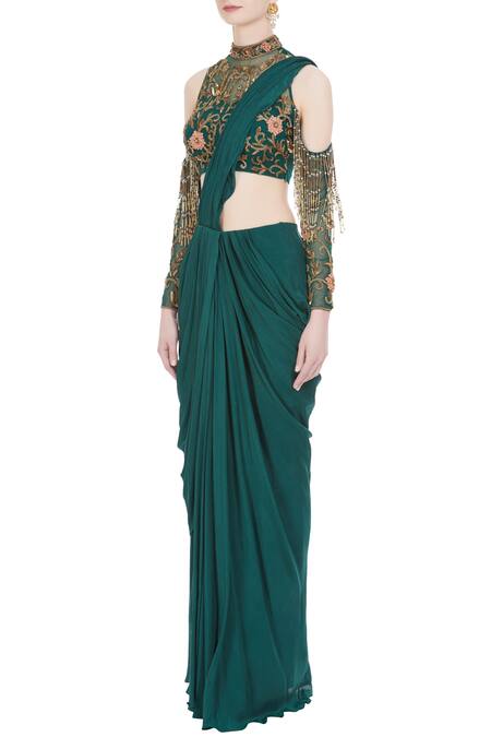 Buy_Nitika Kanodia Gupta_Green Net, Crepe Silk Band Collar Pre-draped Saree With Embellished Blouse_Online_at_Aza_Fashions