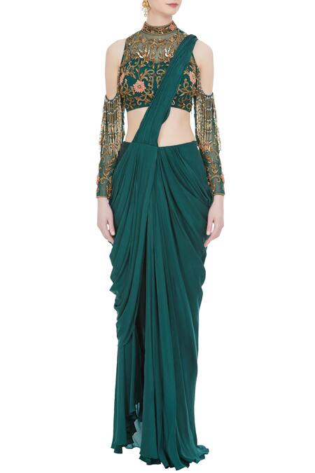 Shop_Nitika Kanodia Gupta_Green Net, Crepe Silk Band Collar Pre-draped Saree With Embellished Blouse_Online_at_Aza_Fashions
