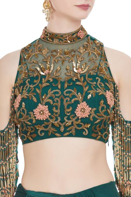 Nitika Kanodia Gupta_Green Net, Crepe Silk Band Collar Pre-draped Saree With Embellished Blouse_at_Aza_Fashions