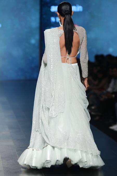 Shop_Rabani & Rakha_Blue Blouse , Dupatta , Lehenga And Mesh Under-layer, Bridal Set_at_Aza_Fashions