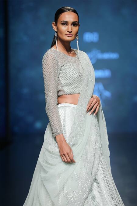 Rabani & Rakha_Blue Blouse , Dupatta , Lehenga And Mesh Under-layer, Bridal Set_Online_at_Aza_Fashions