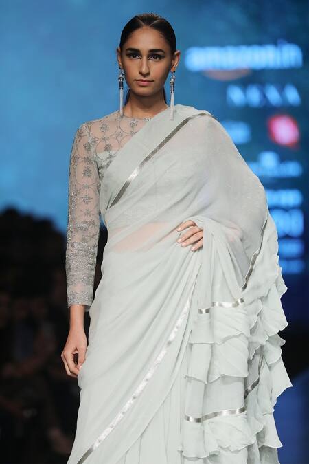 Rabani & Rakha_Blue Silk, Chiffon Round Ruffle Saree With Embellished Blouse _Online_at_Aza_Fashions