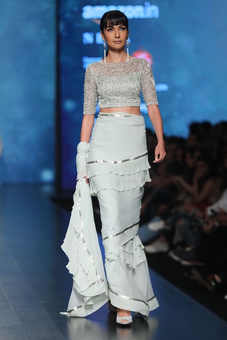 Rabani & Rakha Ruffle Saree with Embellished Blouse 