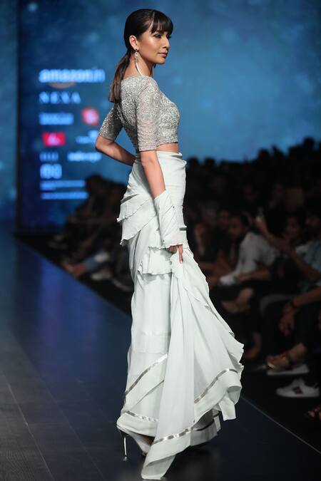 Rabani & Rakha_Blue Round Ruffle Saree With Embellished Blouse _Online_at_Aza_Fashions