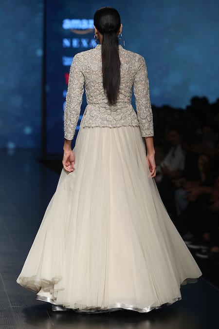 Shop_Rabani & Rakha_Beige Stand Collar Embroidered Jacket Lehenga Set _at_Aza_Fashions