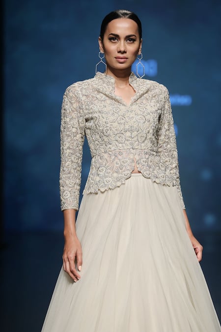 Rabani & Rakha_Beige Stand Collar Embroidered Jacket Lehenga Set _Online_at_Aza_Fashions