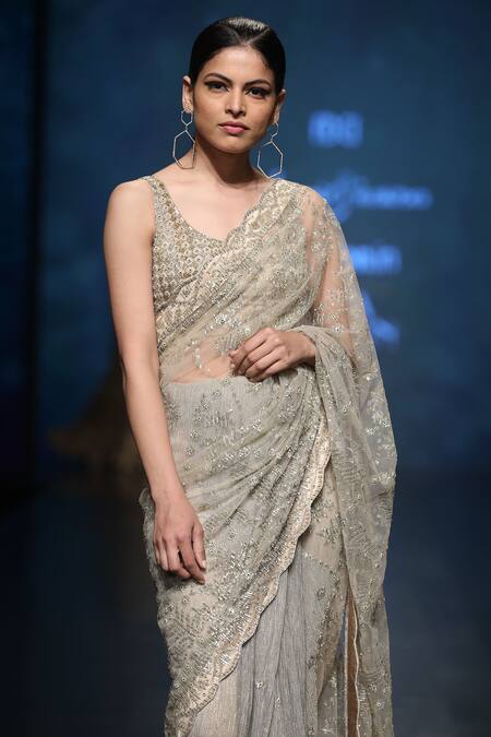 Rabani & Rakha_Gold Net Embellished Saree With Blouse_Online_at_Aza_Fashions