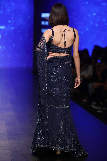 Shop_Rabani & Rakha_Blue Dupion Silk Embellished Bead Scoop Neck Lehenga Saree With Blouse  _at_Aza_Fashions