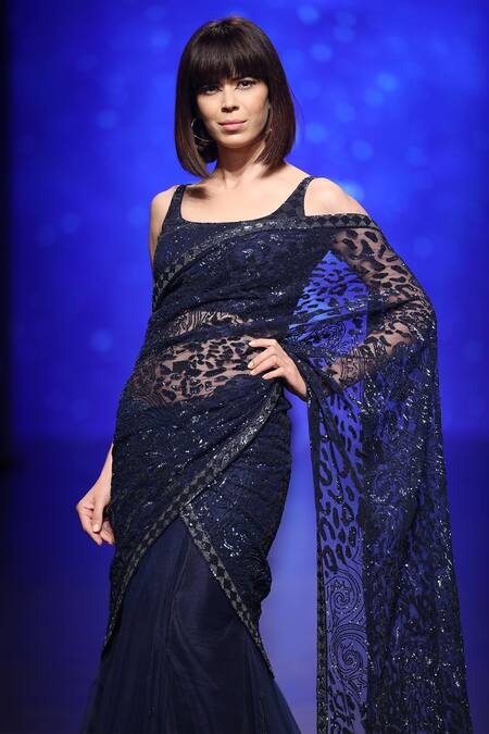 Rabani & Rakha_Blue Dupion Silk Embellished Bead Scoop Neck Lehenga Saree With Blouse  _Online_at_Aza_Fashions