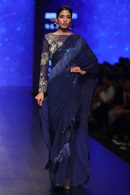 Rabani & Rakha_Blue Chiffon Silk Sequin, Bead Boat Neck Pre-draped Saree With Blouse _Online_at_Aza_Fashions