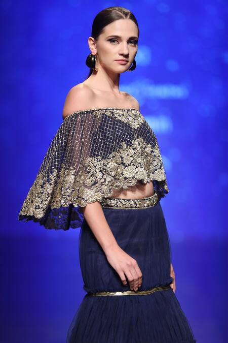 Rabani & Rakha_Blue , Net, Dupion Sequin Carmen Embellished Lehenga Set _Online_at_Aza_Fashions