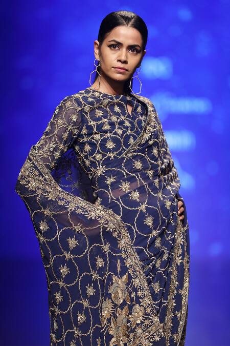 Rabani & Rakha_Blue Net, Georgette Bead, Jaal Work, Pre-draped Embroidered Saree With Blouse _Online_at_Aza_Fashions