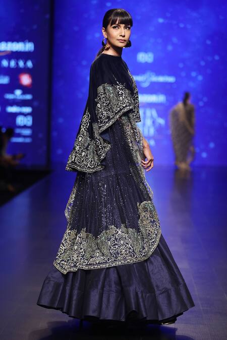 Rabani & Rakha_Blue Velvet, Mesh, Dupion Silk Sequin, Bead Embroidered Cape And Lehenga Skirt _Online_at_Aza_Fashions