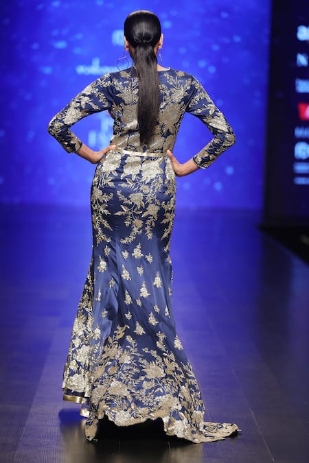 Shop_Rabani & Rakha_Blue Silk Floral, Sequin, Bead Round Neck Embellished Mermaid Gown _at_Aza_Fashions