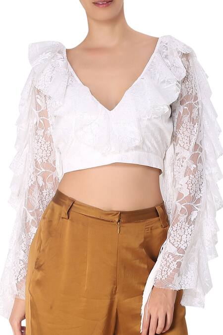 Buy White V Neck Lace V-neckline Ruffle Crop Top For Women by Deme