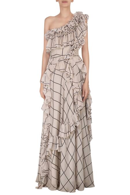 Deme by Gabriella Beige Asymmetric One Shoulder Gown For Women