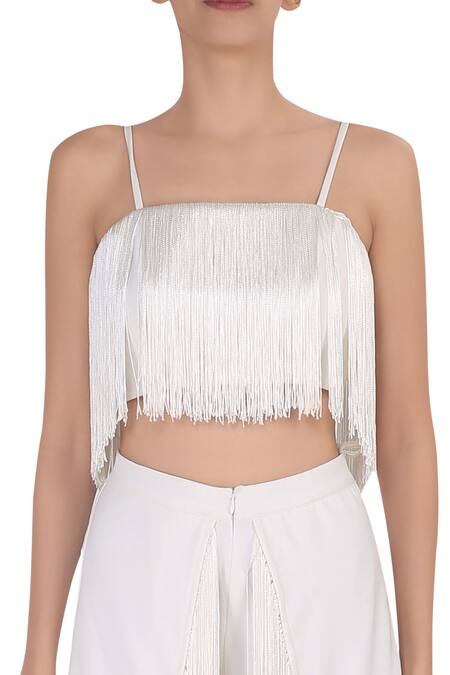 Deme By Gabriella_White Fringe Overlay Pants_Online_at_Aza_Fashions
