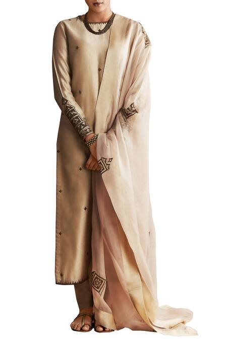 Shop_SHASHA GABA_Beige Chanderi , Organza Bead Scoop Neck Embellished Kurta Set_at_Aza_Fashions