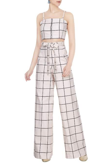 Deme by Gabriella White Square Neck Checkered Pant Set 