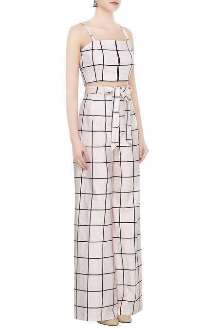 Deme By Gabriella_White Square Neck Checkered Pant Set_Online_at_Aza_Fashions